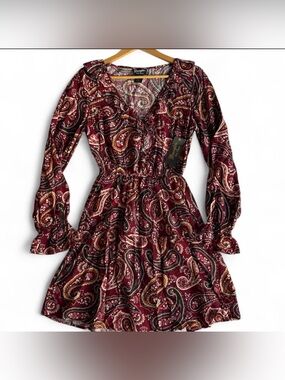 NWT Wrangler Retro Burgundy Paisley Boho Ruffle Dress Size Medium